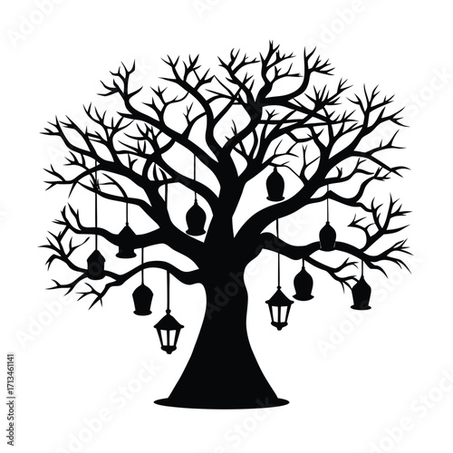 Black silhouette of a bare tree with hanging lanterns Keywords: tree, silhouette, black, white