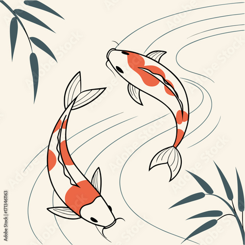 Two elegant koi fish swim in gentle water currents surrounded by stylized bamboo leaves in a minimalist japanese art style