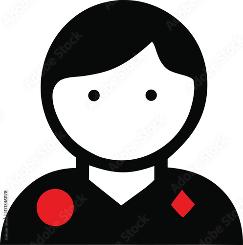 Simple stylized icon representing a person with dark hair and a black shirt featuring red emblems on shoulders minimalist avatar graphic