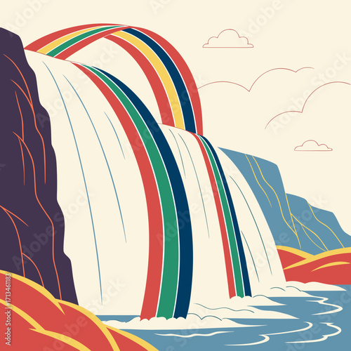 Vibrant abstract waterfall with a rainbow arching over the cascading water and stylized clouds in a minimalist landscape