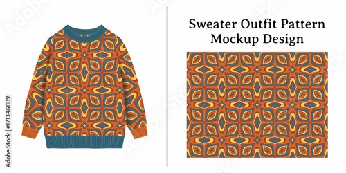A visually appealing sweater outfit pattern mockup design featuring a geometric, tile-like motif with warm earthy tones.