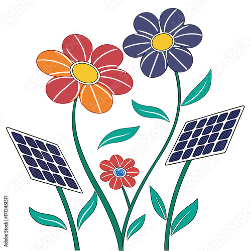 Whimsical cartoon flowers and solar panels representing renewable energy growth and a sustainable future