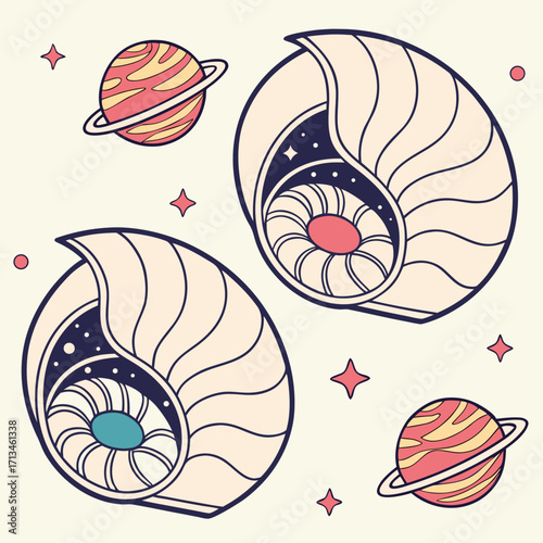 Whimsical cosmic nautilus shells and planets with stars in a gentle pastel palette
