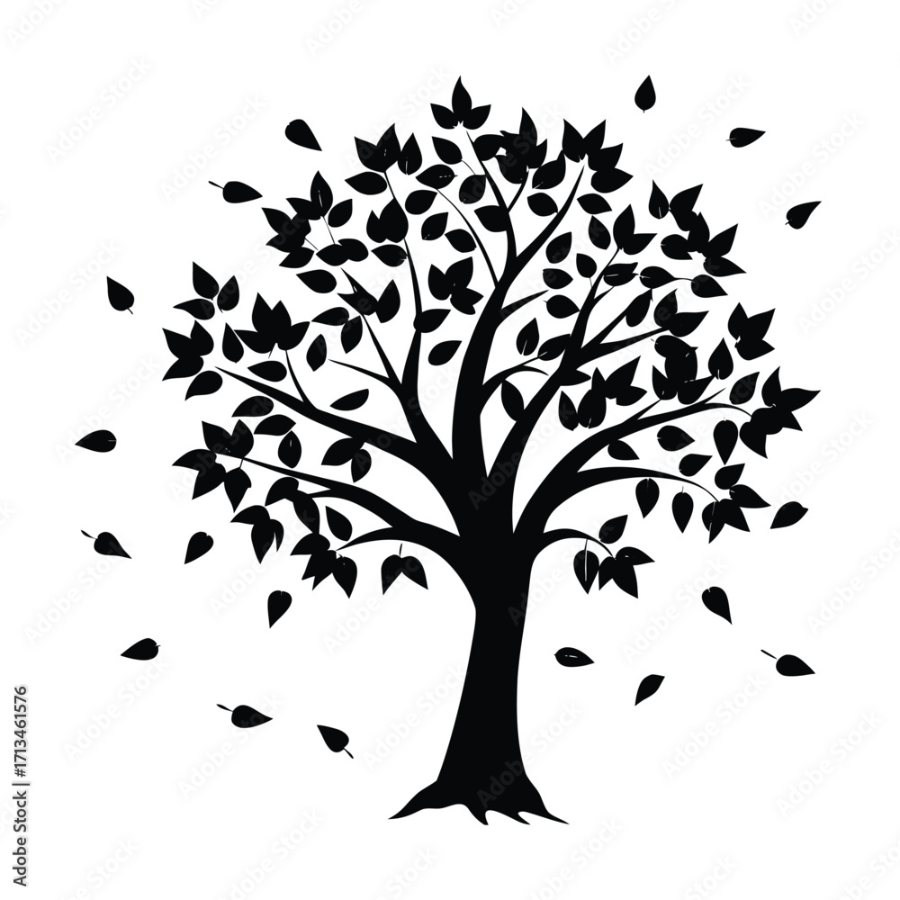 Fototapeta premium Black silhouette of a deciduous tree with falling leaves Keywords: tree, silhouette, black, white