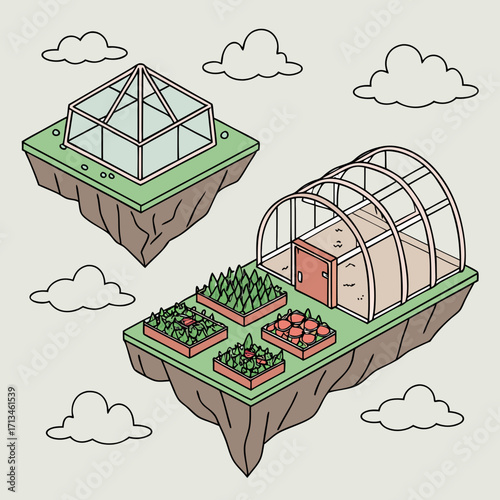 Whimsical isometric illustration of floating islands with greenhouses and garden beds filled with fresh produce and lush greenery surrounded by clouds
