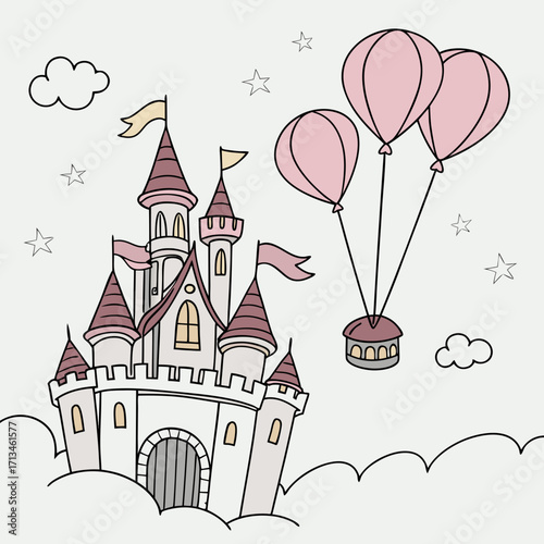 Whimsical pink castle floating among clouds and stars with balloons and a hot air balloon gondola