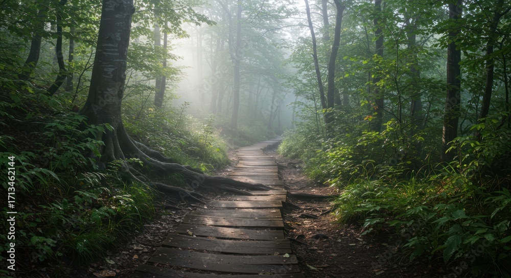 Fototapeta premium A wooden boardwalk winds through a foggy lush forest lined with trees and vibrant green foliage