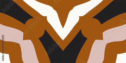 An abstract symmetrical pattern in earthy tones featuring flowing organic shapes and sharp geometric divisions.