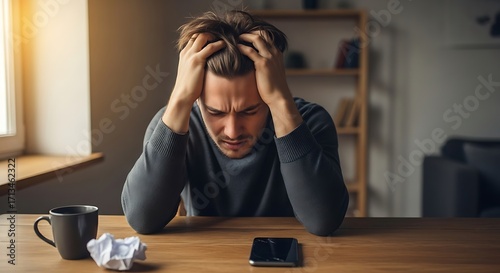 A man sits at a table with his head in his hands, looking stressed and worried.