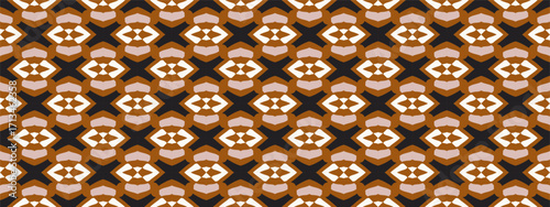A seamless geometric pattern featuring a repeating motif of stylized figures in earthy tones of brown and cream against a dark background suitable for fabric design or digital wallpaper applications.