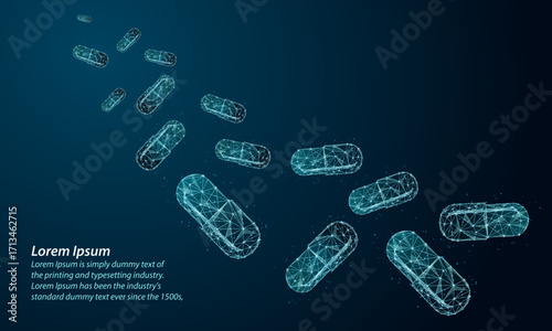 futuristic wireframe digital illustration of capsules floating in space.Medical, pharmacy, antibiotic, health, vitamin, treatment illustration.Abstract low poly modern medicine, innovation,technology.