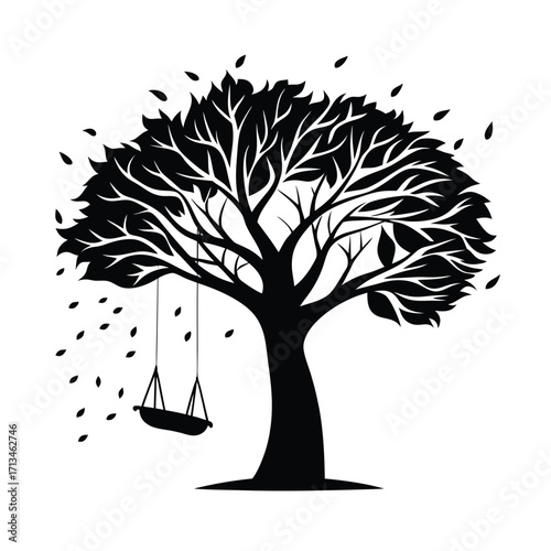 Black silhouette of a tree with a swing and scattered leaves Keywords: tree, silhouette, swing