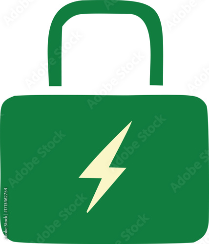 Secure green lock icon with white lightning bolt symbol for digital security and power protection concepts