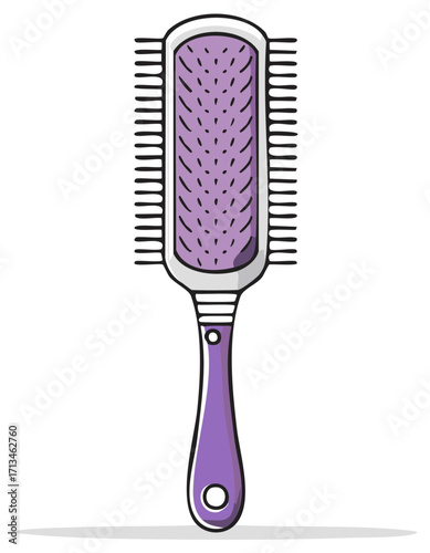 Stylized illustration of a purple hairbrush with a white outline and black bristles