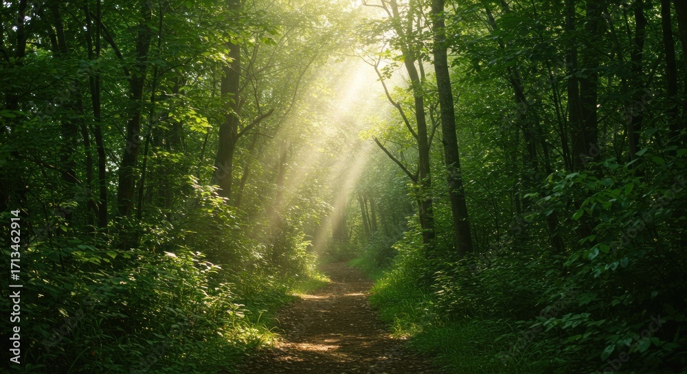Naklejka premium Forest path bathed in sunlight green foliage frames the pathway