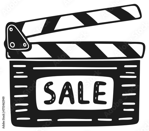 Movie Production Clapperboard with Sale Text, Film Industry Tool Depicting Promotional Offers and Discounts, Hand Drawn Style