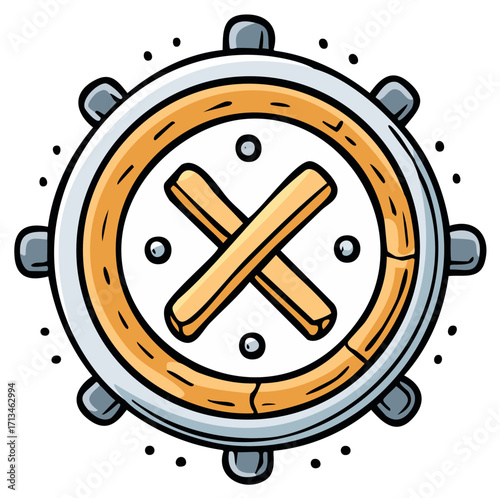 Cartoon Ship Wheel with Crossed Sticks and Dots Illustration