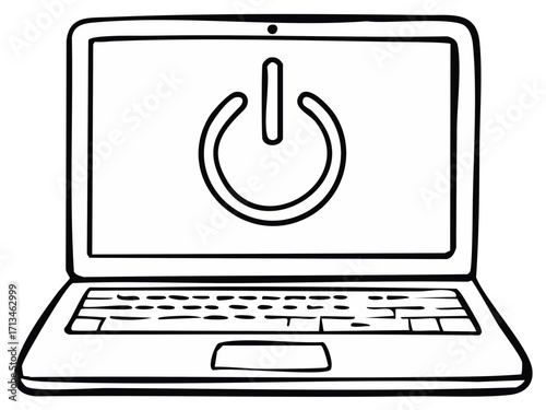 Line art laptop showing power on or off symbol on the screen, digital device
