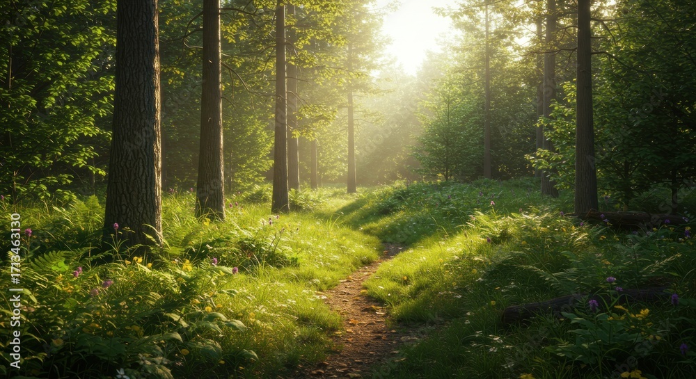 Obraz premium Forest path with tall trees lush greenery sunlight