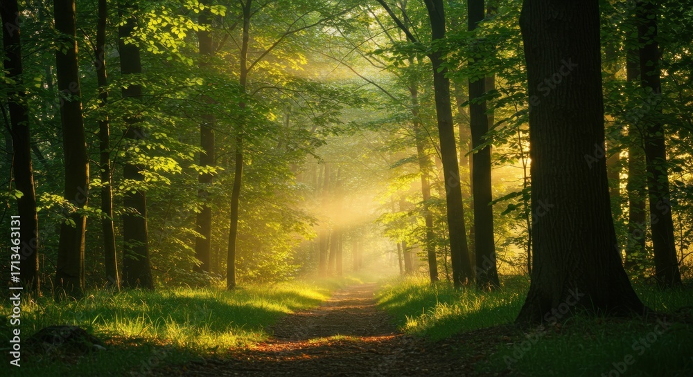 Obraz premium Forest path with sunlight streaming through trees illuminating the ground