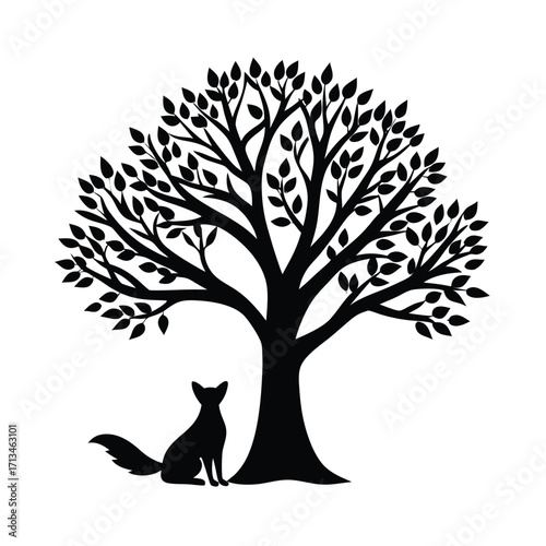 Silhouette of a fox sitting beneath a decorative tree Keywords: fox, silhouette, tree, animal
