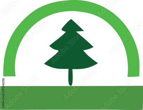 Simple green evergreen tree silhouette inside a curved arch symbolizing nature conservation and environmental protection