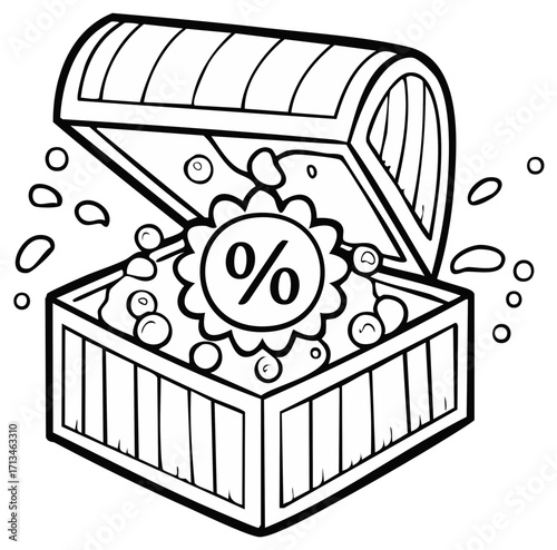Open treasure chest filled with bubbles and a percentage sign representing a sale