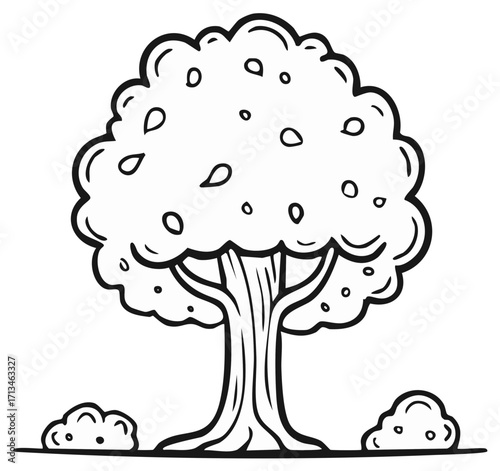 Illustrated black and white tree with bush plants for design elements