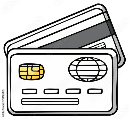 Cartoon illustration of two stacked payment cards featuring a microchip and a global network symbol.