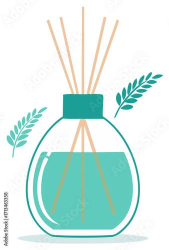 Scent Diffuser in Glass Container with Reeds Aromatherapy and Teal Leaves