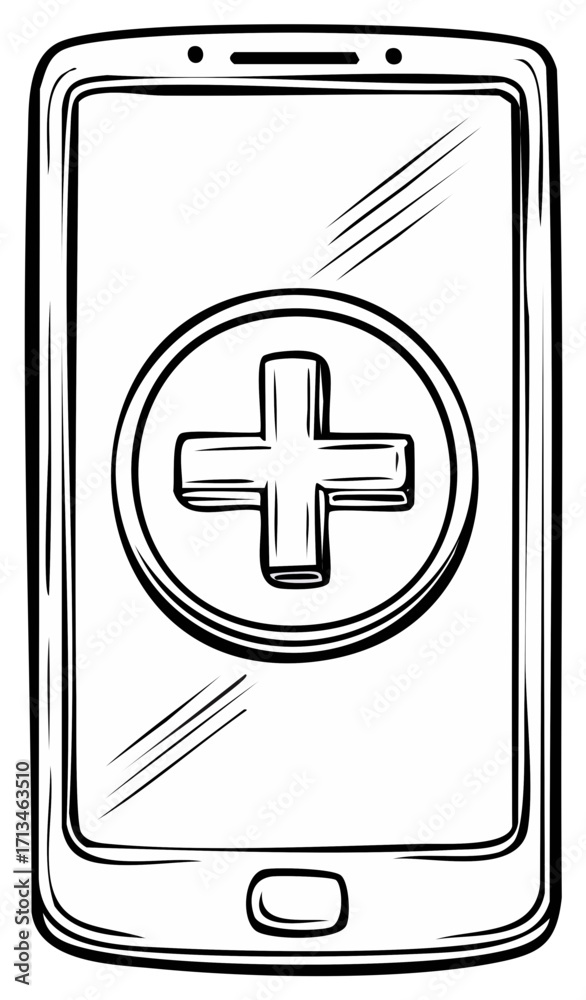 Fototapeta premium Hand drawn illustration of a smartphone with a medical cross icon on screen