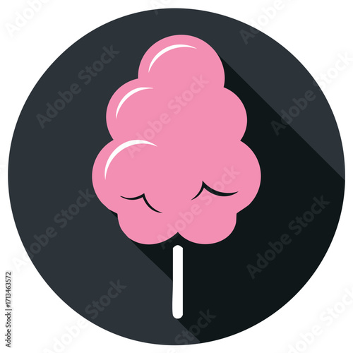 Pink cotton candy icon on dark circle background with long shadow
