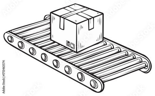 Cardboard box moving on conveyor belt line art illustration logistics and delivery concept