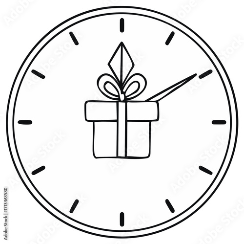 Black and white clock showing gift box illustration, concept of holiday time, present time, celebration
