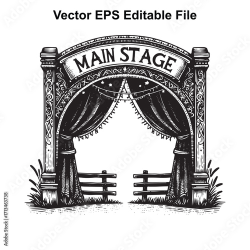 Vector art of vintage main stage entrance with curtains and fence