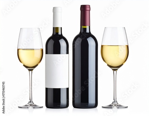 Wallpaper Mural Two bottles of wine, one white and one red, flank two glasses of white wine on a white background. Torontodigital.ca