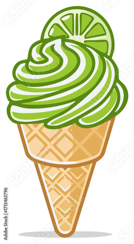 Refreshing lime soft serve ice cream cone with citrus fruit topping