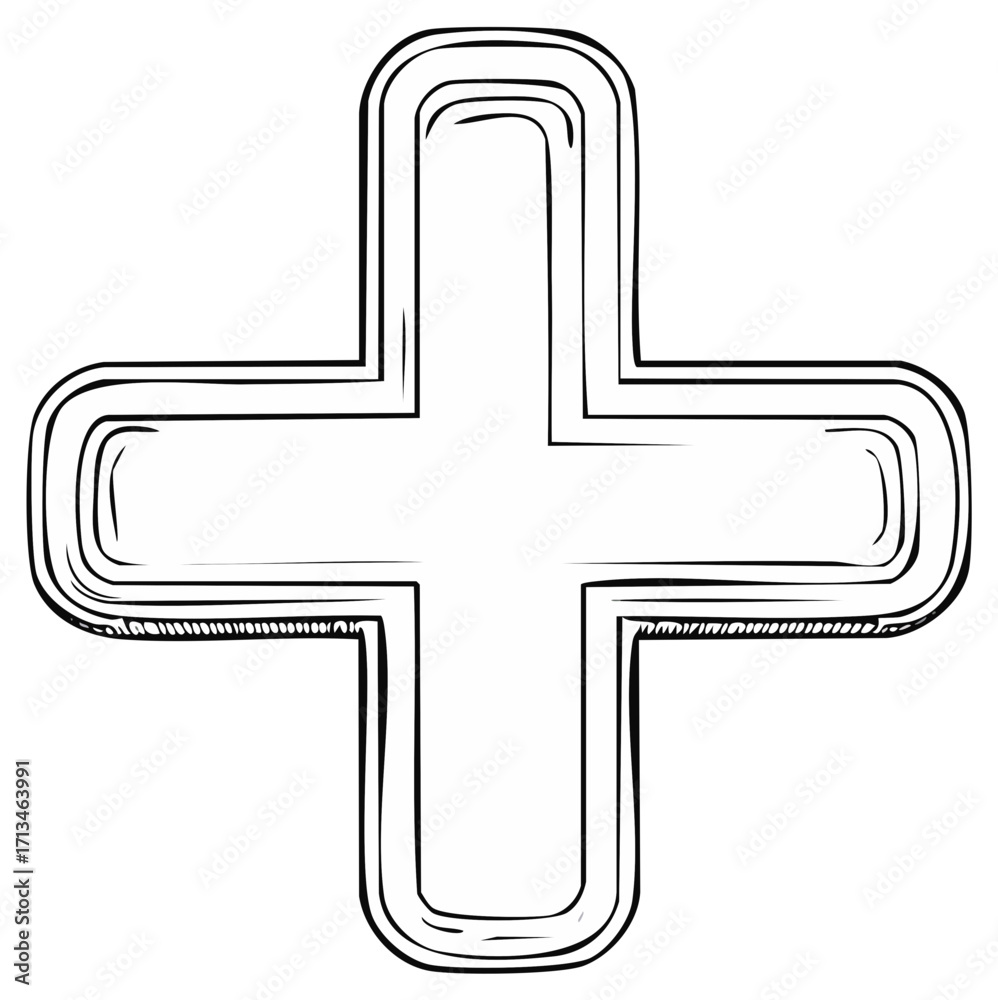 Fototapeta premium Hand drawn plus symbol with rounded edges in black and white doodle style