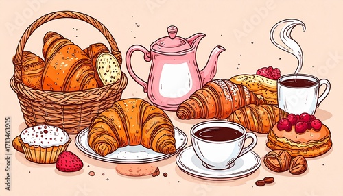 Hand-drawn illustration of delicious pastries, croissants, coffee, and tea, perfect for morning menus.