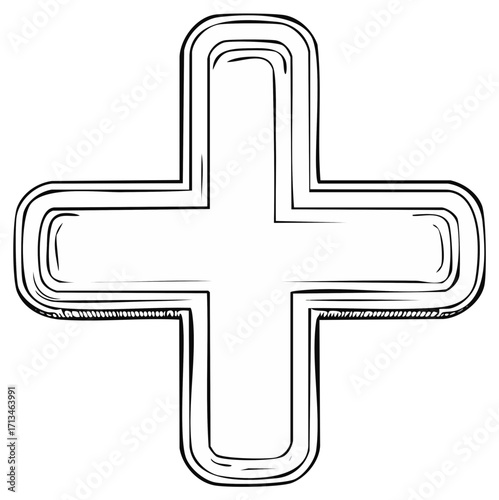 Hand drawn plus symbol with rounded edges in black and white doodle style