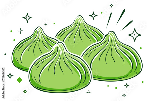 Cute cartoon illustration of delicious green traditional dumplings or Khinkali