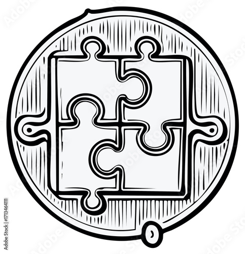 Circular Emblem Featuring Interlocking Jigsaw Puzzle Pieces Depicted with Woodcut Style Hatching