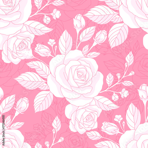 Romantic seamless pattern of blooming roses and leaves in pink and white tones. Ideal for Valentine’s Day, wedding, and feminine designs.