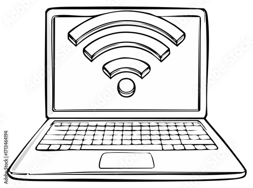 Drawn Laptop with Wifi Symbol on Screen Black and White Illustration