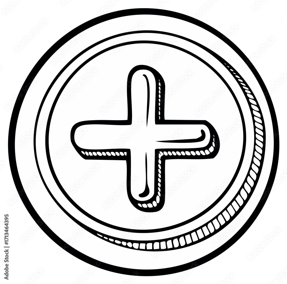 Obraz premium Black and white illustration of a plus sign inside a circle with a textured border