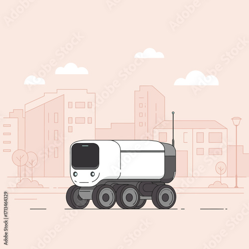 Sleek autonomous delivery vehicle operating on a city street, representing advanced smart technology for urban last-mile logistics and innovative future transport solutions