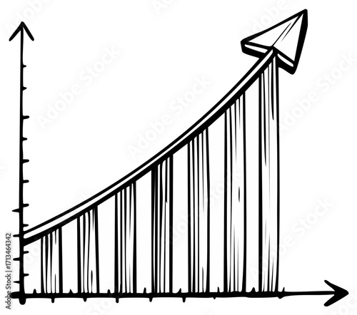 Hand drawn bar graph illustration showing upward trend and growth with an arrow pointing up