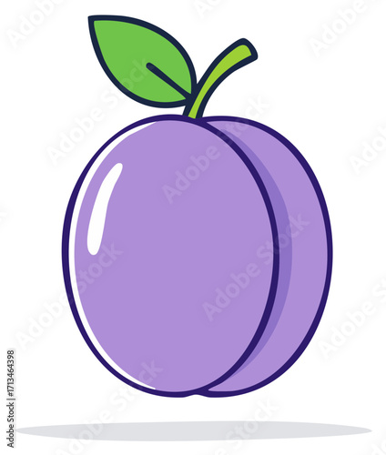 Stylized Purple Plum Illustration with Green Leaf Design, Fruit Vector