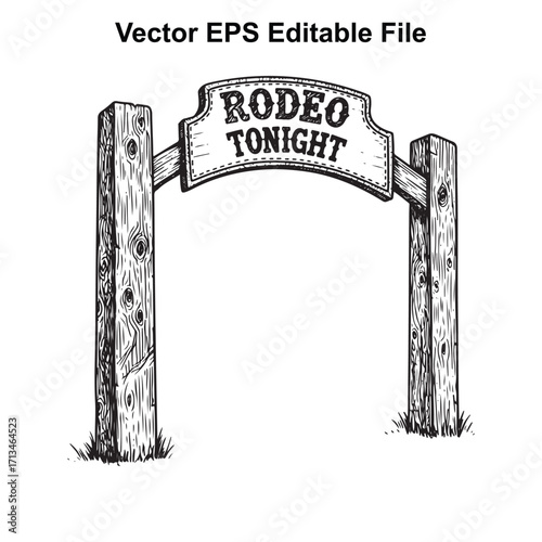 Vector art of rustic wooden archway with rodeo tonight sign