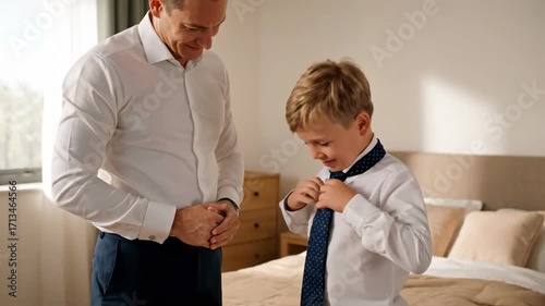 Father teaching son tie necktie school cinematic family parenting lifestyle stock footage. dad showing knotting cravat academy filmic kindred upbringing existence record.